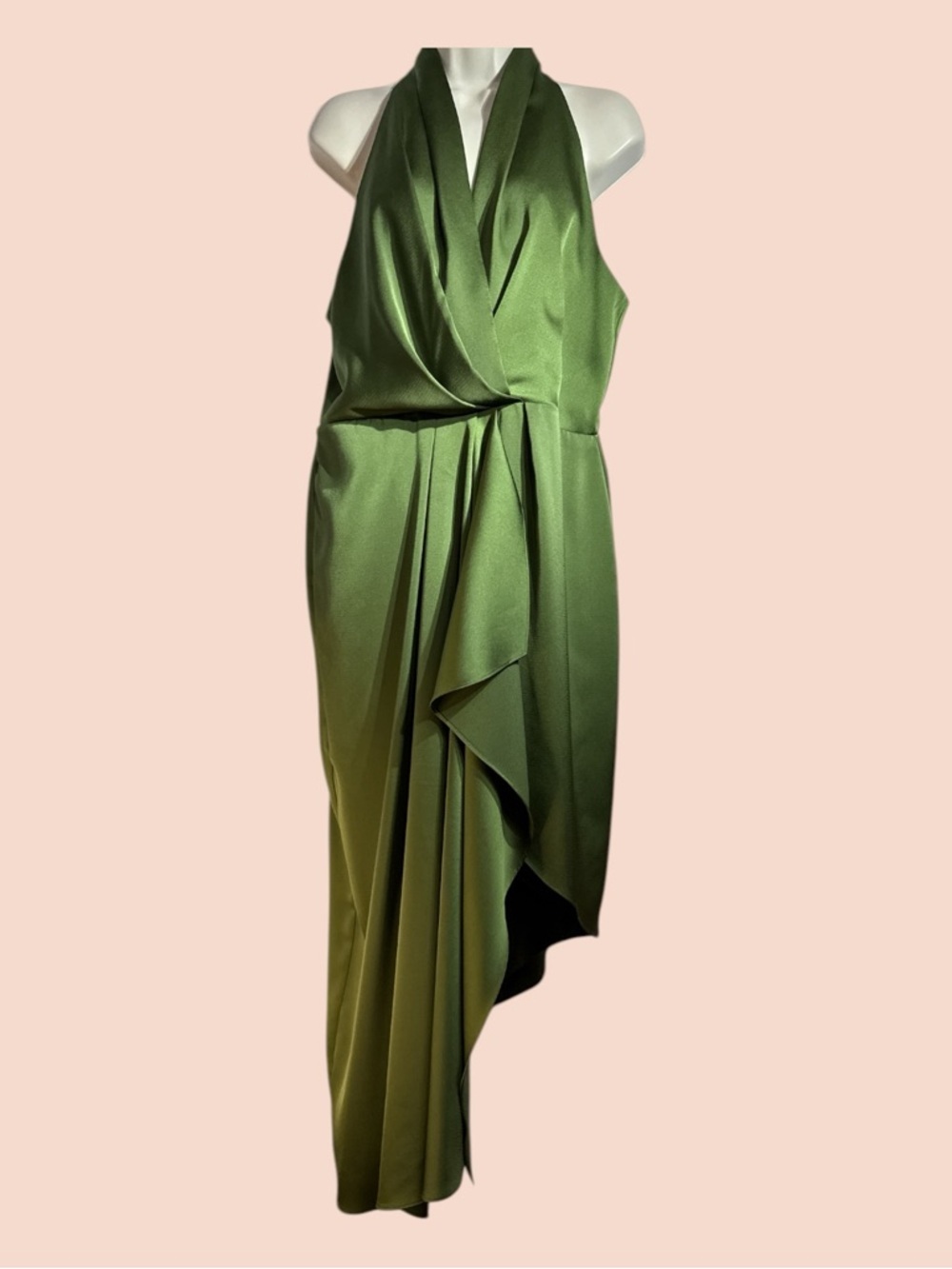 Alex Marie Hazel Olive Green Satin Asymmetrical Tea Length Formal Dress 14P - Picture 2 of 11